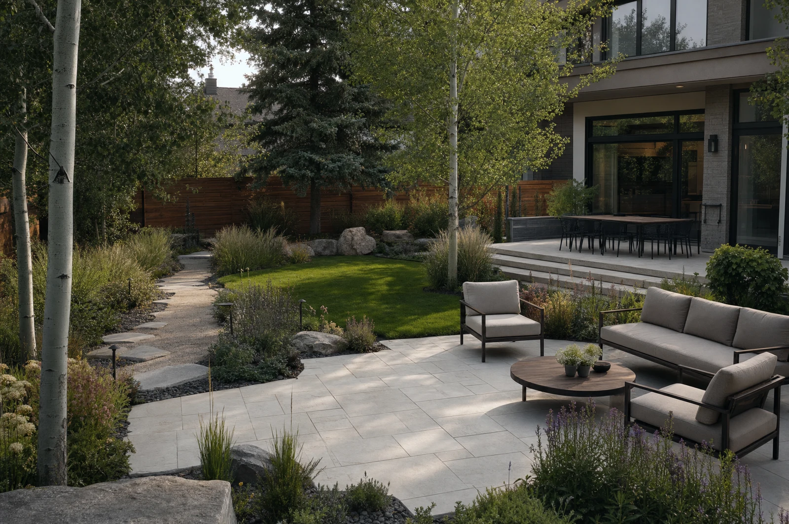 Landscape concept with a pale stone patio, gravel path and planted garden beds beside a modern Calgary home